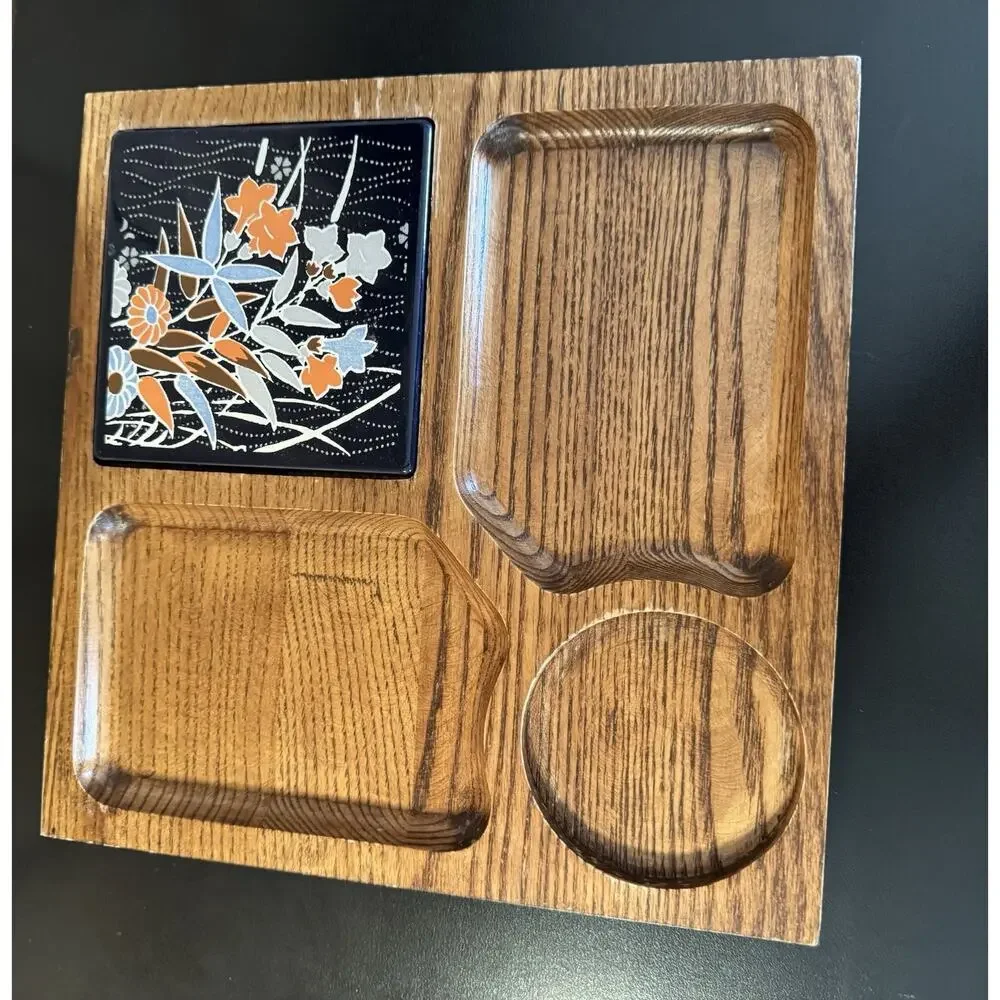 Vintage MCM Wooden Snack Serving Tray w/ Ceramic Tile Trivet 10x10